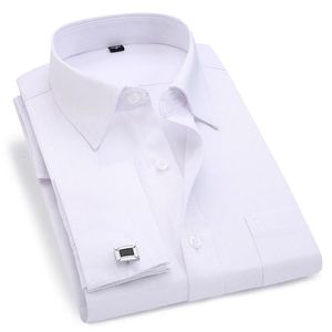 男性フレンチカフドレスシャツホワイト長袖カジュアルボタンシャツ男性ブランドシャツレギュラーフィットカフリンク