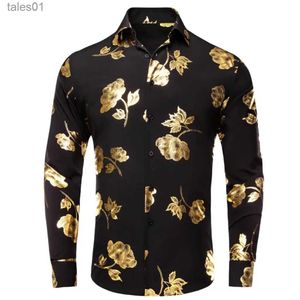 Men's Plus Tees Polos Hi-Tie Black Gold Silk Mens Shirts Summer Spring Long Sleeve Lapel Shirt Haii Soft Blouse for Male Wedding Business Oversized yq240401