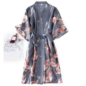 363L Sexy Pyjamas Burgundy Women 2PCS Faux Silk Kimono Robe Gown Sets Sexy Print Crane Nightdress Bathrobe Lingerie Nightgown Summer Sleepwear 2404101