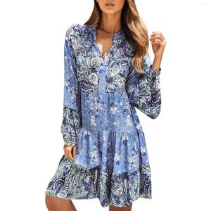 Casual Dresses Womens Vintage Ethnic Sundress Tassel Tie V Neck Loose Bohemian Tunic Dress for Women Beach Plus-size LongeeLeses