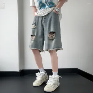 Mäns jeans sommarpåse 2024 rak denim shorts koreansk stil mode casual löst trasigt hål kort manlig blå s-2xl