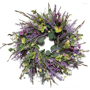 Decorative Flowers 24Inch Artificial Lavender Wreath Front Door Floral Flower Eucalyptus Leaves Spring Summer For Outdoor Wall Home Holiday