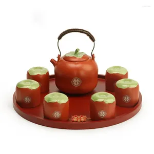 Teaware Sets Creative Household Ceramics Persimmon Shape Teapot Set Teacup Tea Pot Ceremony For Chinese Red Wedding Supplies Souvenir Gifts