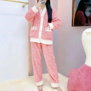 Startseite Kleidung Frauen Korallen Samt Pyjama Set Gemütliche Cartoon Obst Druck Winter Für Dicke Fleece Homewear Mantel Hosen