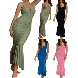 Casual Dresses Women Widen Strap Square Neck Zip Up Slim Fit Fishtail Hem Dress Ruched Bodycon Sleeveless Party For Cocktail