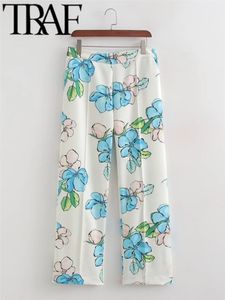 Traf Spring Woman Fashion Floral Tryckt i full längd byxor Hög midja Office Kvinnlig kostym Pant Y2K byxor 240321