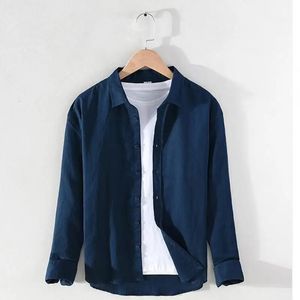 M-3XL Primavera ed estate Colletto alla coreana Tinta unita Manica lunga Vintage Uomo Streetwear Camicie di lino monopetto 240320