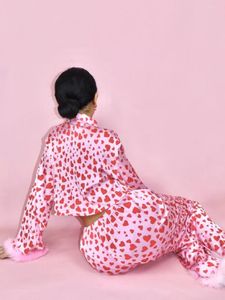 Home Clothing Womens Valentines Day Two Piece Pajama Set Long Sleeve Heart Print Button Down Shirts Pants Y2K Loungewear Sleepwear