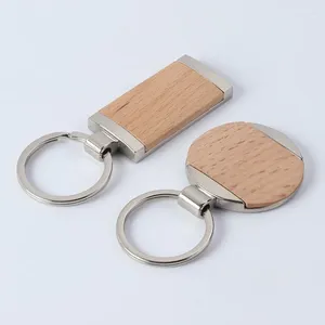 Keychains Högkvalitativ zinklegering Splice Wood Keyring Fashion Söt blank Runda träkedjor Personlighet Rektangulär nyckelring