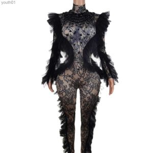 Basic Casual Dresses Fashion black lace printed Jumpsuit Woman Celebrate sexy Performance club birthday pole dance drag queen clothing yq240402