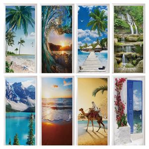 Landscape Blue Beach Door Stickers Forest Green Home Decor Tropical Plants Cloud Wall Decorations Living Room 3D Decal Art Mural 240329