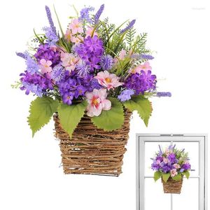Dekoracyjne kwiaty sztuczne lawendowe obręcze wieniec trwałe sztuczne fioletowe kosze wiszące koszyki wiosenne okno girland
