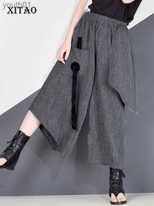 기본 캐주얼 드레스 XITAO 하이 허리 패치 워크 히트 컬러 팬츠 여성 옷 2020 여름 가을 패션 탄성 넓은 다리 XJ4619 YQ240402