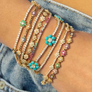 Chain 2024 Delicate Rainbow Blue CZ Fowers Charm Bracelet 3mm Tennis CZ Stone Chain Tiny Sparking Shiny Bracelets For Women Jewelry Q240401