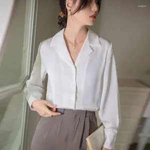 Kvinnors blusar mode elegant kontor lady blus kvinnor avslappnad vit grön skjorta lapel krage långärmad koreansk stil botton kvinnlig topp