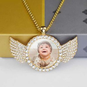 Hänge halsband Anpassade babyfoto ängelvingar hänge med långkedjor strass halsband personlig glas kupol bild anpassade smycken 240330