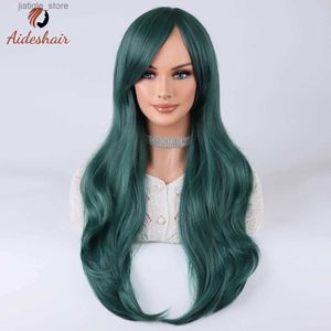 Syntetiska peruker Aideshair Dark Green Midsection Diagonal Bangs Long Curly Wig For Women värmesistent fiber Syntetisk peruk Daily Cosplay Party Y240401