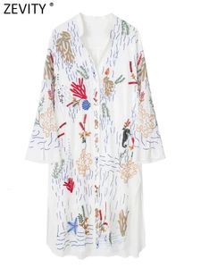 Zevity Women Vintage Stand Collar Floral Embroidery Side Split Midi Shirt Dress Memalich Chic Single Breched Vestidos DS4090 240315