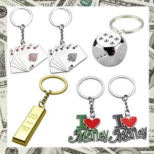 Nyckelringar Vintage Metal Bullion Poker Keychain Dice Car Key Chain Women Bag Charms Ornament I Love Money Rings Gift