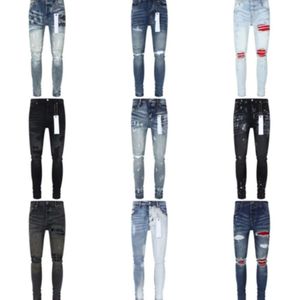 2024 Designer Purple Distress Torn Motorcykel Slim Fit New Straight Leg Jeans Splash-bläck Fällbara byxor Herrens tryck tårmodemäge Mäns leggings Storlek 28-40 JGU668