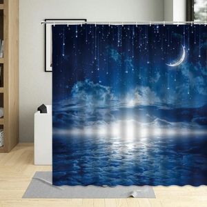 Tende da doccia Tenda Sfondo pacifico Cielo notturno blu Luna Stelle Belle nuvole Modello superficie del mare Vasca da bagno con ganci