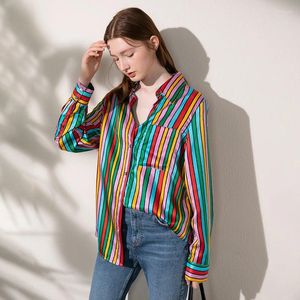 Women's Blouses Miccbeirn 2024 Autumn Silk Striped Blouse Long Loose Casual Shirts ZHL85084