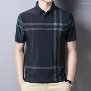 Men's Polos Summer T-shirt Short Sleeve Stripe Casual Loose Turn-down Collar Polo Plaid Character Button Fashion Tops