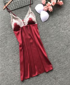 22019 new ladies sexy spring and summer straps nightdress with chest pad ice silk lace slim pajamas7228414