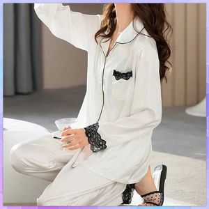 Sexig pyjamas Sexig is Silkpyjamas för kvinnor långärmad pyjamasuppsättning vår sommarens höstens sömnkläder byxor passar utskrift 240410