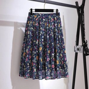 150 kg plus size womens vår sommar retro blommig chiffon aline kjol 5xl 6xl 7xl 8xl 9xl lös elastisk midja marin 240321