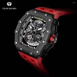 Armbanduhren TSAR BOMBA Skeleton Mechanische Uhr Carbon Faser Wasserdichte Herrenuhren Top Sport Männlich Automatik