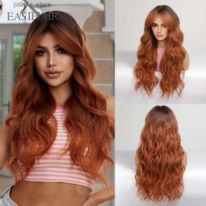 Synthetische Perücken Langes, welliges Kupfer Auburn Red Braun Synthetic Perücken mit Pony täglich Cosplay -Party natürliche lockige Haarperücken für Frauen Hitzeresistent Y240401