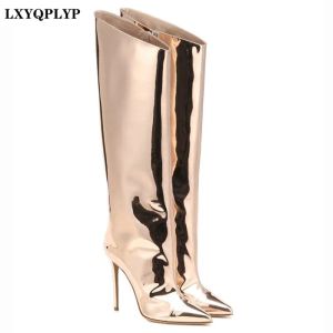 Boots 2022 New Women's Boots Autumn and Winter Brand Pointed Toe Stilettos Midtube Fashion Model Catwalk Metal Shiny Over The Knee