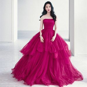 Elegant Long Fuchsia Organza Celebrity Dresses A-Line Strapless Tiered Pleats Sweep Train Lace Up Back Prom Dresses for Women
