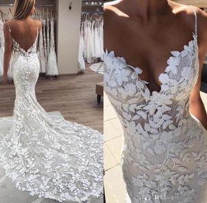 Perline Perle Cinghia per spaghetti Abiti da sposa a sirena in pizzo 2021 Splendidi 3D Applicazioni floreali Boho Abiti da sposa Schiena bassa Robe De Mar1017479