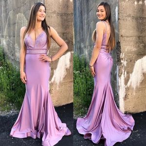 Charming Sequined Mermaid Backless Prom Dresses Deep V Neck Sweep Train Beaded Evening Gowns Satin Floor Length Formal Dress