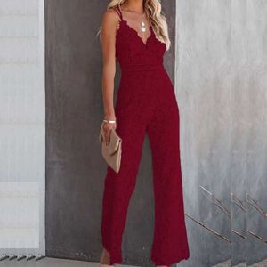 Sexy Pyjamas Sexy Lace Hollow V-Neck Jumpsuit Women 2022 New Fashion Seven Points Sleeve Long Jumpsuit Elegant Temperament Solid Slim Romper 2404105