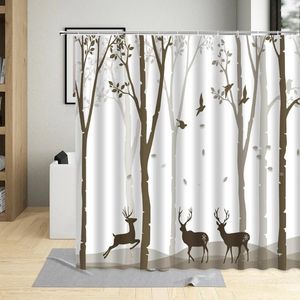 Shower Curtains Trees Elk Bird Trunk Forest Autumn Scenery Pattern Modern Bathroom Decor Polyester Cloth Hanging Curtain Sets