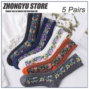 5pairs Women s Socks Pure Cotton Flower Embroidery Medium Tube Socks Arrived Retro spring Trend Ethnic Style Spring Summer240401