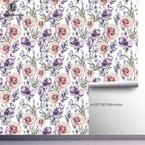 Wallpapers Watercolor Lavender Rose Peel And Stick Wallpaper Purple Floral Self-Adhesive Removable Wall Papers For Home Bedroom Walls Decor