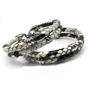 Chain Mens Black Python Leather Armband Real Python Leather Armband med stålspänne och pärlstav armband Q240401