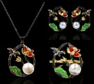 Collane 3pcs/set di gioielli boemia set di orecchini in oro nero di fiore femminile anelli a pendente