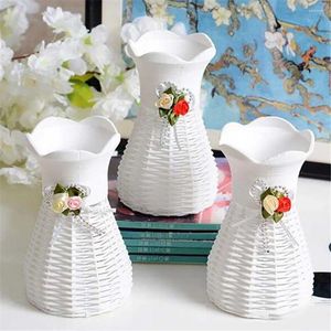 Vasen 1 stücke Gartenarbeit Kunststoff Blumentopf Schreibtisch Dekor Weiß Künstliche Rattan Vase Korb 16,5 cm Pflanzentablett Für Home Office Dekoration