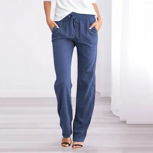 Women's Pants Drawstring Cotton Linen Loose Women Wide Leg High Waist Trousers Korean Solid Pocket Female Stretch Straight