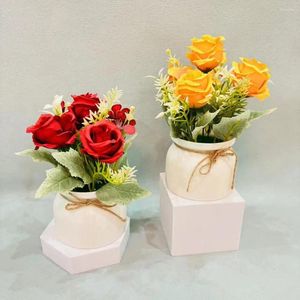 Decorative Flowers Low Maintenance Faux Plants Scandinavian Style Potted Plant Set With Three Roses Small Turned Rimmed Pot Bonsai For Home