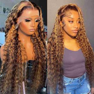 Honey Blonde Deep Curly Lace Front Wig for Black Women Brazilian Human Hair Highlight 13x4 Frontal Hd Transparent Synthetic ILMJ