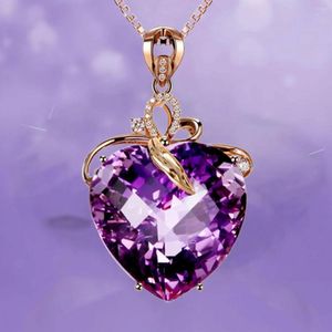 Naszyjniki wiszące luksusowe serce kobiety wisiorki fioletowy kamień sześcienne cyrkonia kryształowy vintage biżuteria naszynko