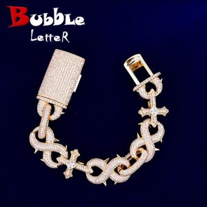 Kedjebubblebrev Prong Cross Infinity Armband Kubansk länk Kvinnor Två ton kubikzirkoniumoriserade ut charmiga Hip Hop -smycken Q240401