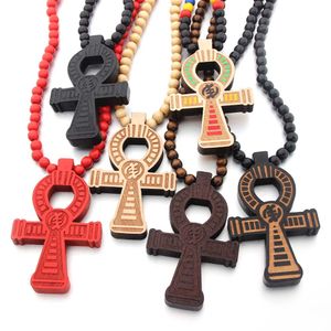 Wood Ankh Pendant Necklace Egypt Key of Life African Egyptian Cross Handmade Wooden Beads Strands Hiphop Necklaces Religious Hip Hop Jewelry for Men Women Gift