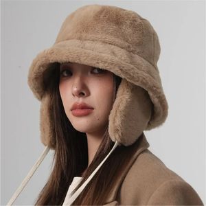 Bomber Winter Warm Bucket Hat Hüte für Frauen Golf Cap Wandermütze Pelzmütze Wintermütze Barrel Cap Baumwollstoff Gehörschutzkappe 240314